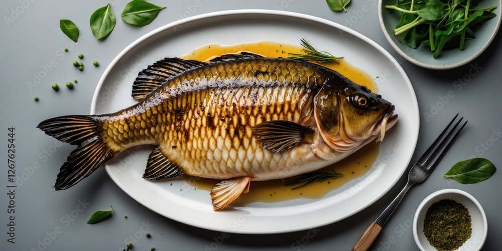 Aufkleber grilled crucian carp on a white plate with herbs and garnish top view over gray background culinary 