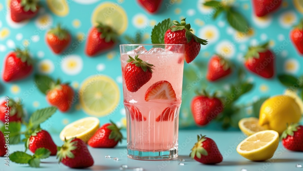 Poster Refreshing Strawberry Lemonade with Mint Garnish on Colorful Patterned Background