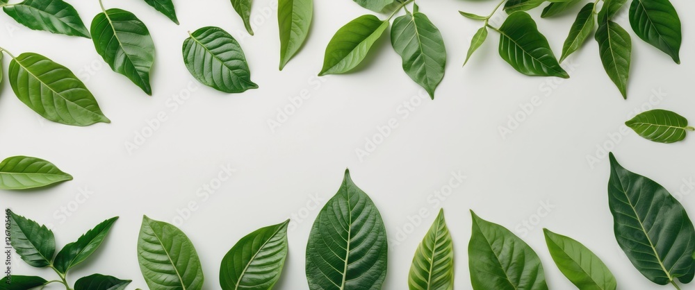 Aufkleber green leaves arrangement on white background with minimalist aesthetic for natural products and copy