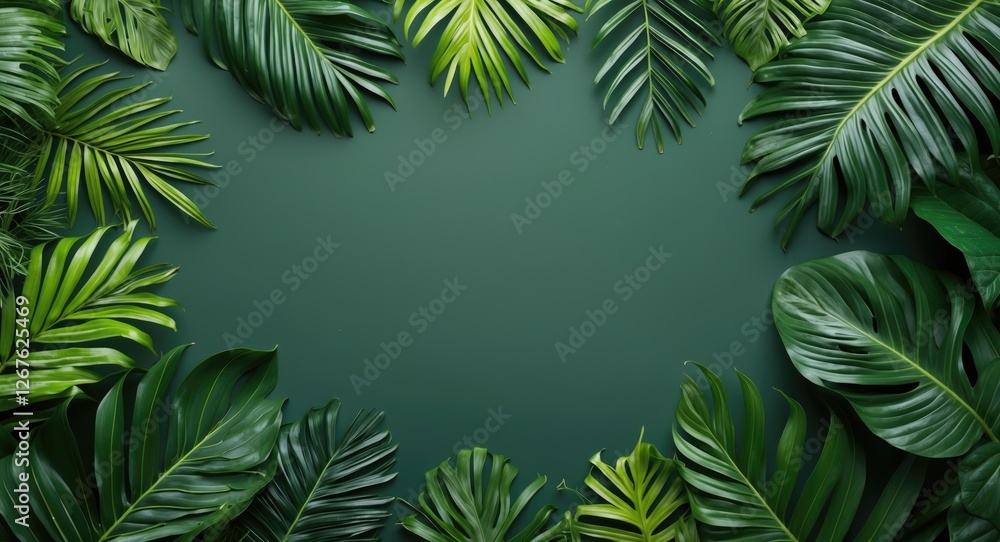 Poster Lush Green Tropical Leaves Creating a Natural Frame with Blank Space for Text Overlay Background Design