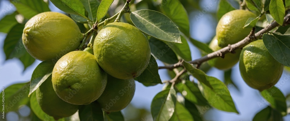 Aufkleber ripe green lemons growing on a branch surrounded by leaves with copy space for text content and desi