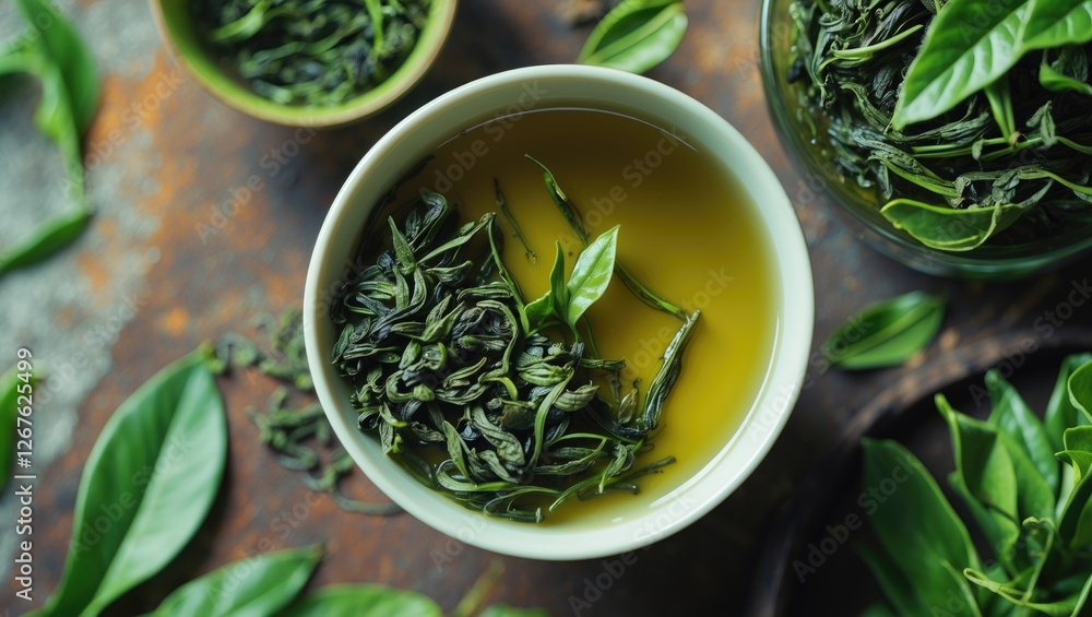 Poster freshly brewed green tea with tea leaves and empty space for text or branding