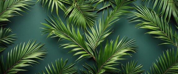 Tropical Green Palm Leaves Pattern on Dark Background Ideal for Nature Themes and Text Placement
