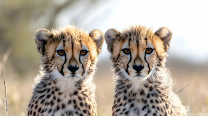 Obraz premium Two cheetah cubs facing camera in savanna