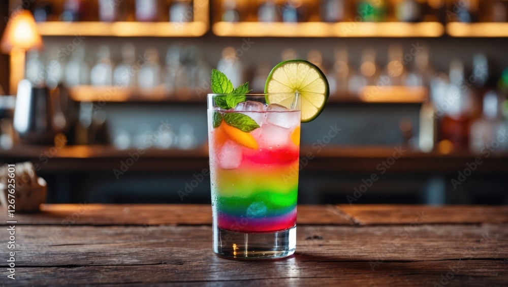 Poster colorful layered cocktail in a glass with lime and mint garnish on wooden bar counter with soft ligh