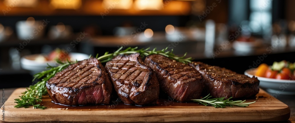 Poster grilled premium beef steak platter on wooden board in elegant restaurant setting with space for text