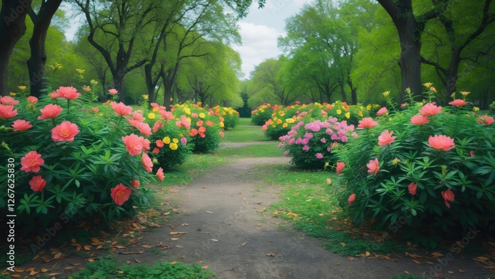 Poster lush park pathway surrounded by vibrant flowering shrubs with abundant greenery and room for text ov