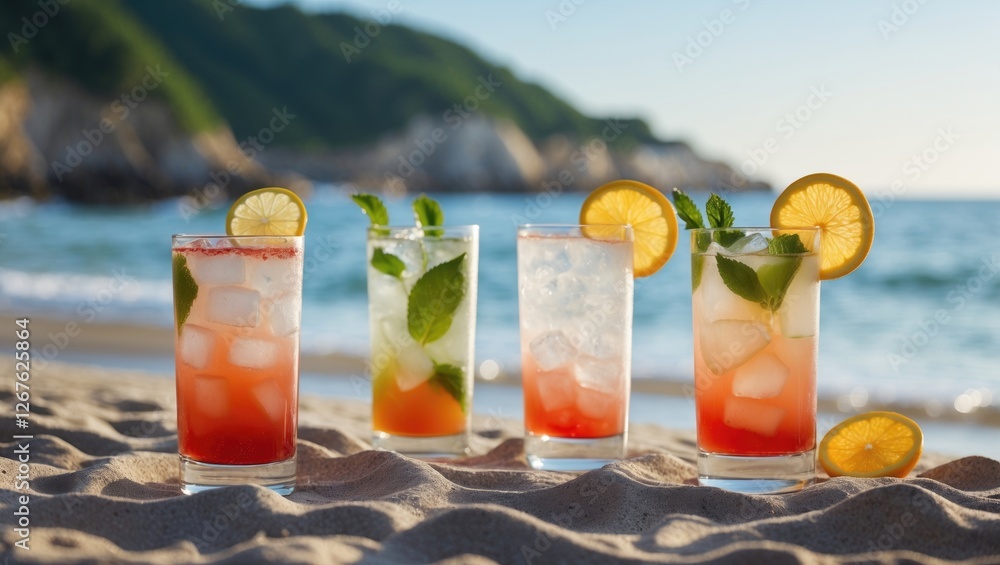 Poster Refreshing Summer Cocktails On Beach Sand With Citrus Garnish And Empty Space For Text Use