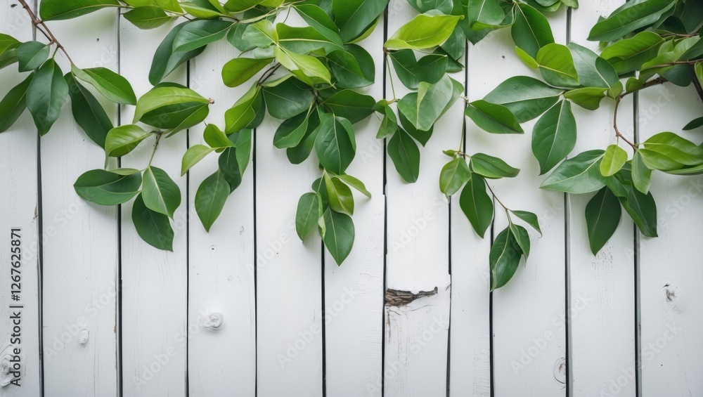 Aufkleber lush green leaves draped over modern white wooden planks creating a fresh and inviting nature-inspir