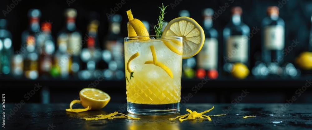 Poster refreshing lemon cocktail garnished with zest and herb on bar counter with blurred bottles in backgr
