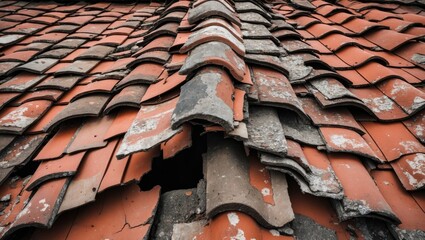 Detailed view of a weathered tiled roof showcasing architectural elements and textures of aged clay tiles in need of restoration.