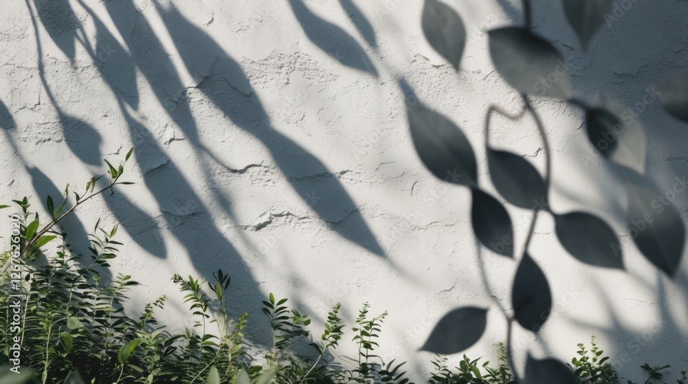 Fototapete Shadows of lush greenery cast on a textured white wall creating an abstract nature backdrop with space for text or design elements.
