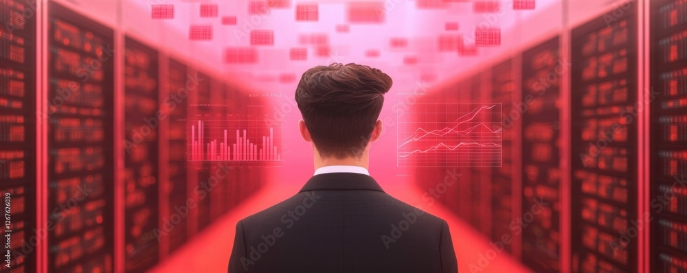 Poster a person stands in front of a digital data corridor, surrounded by glowing red visuals and data char