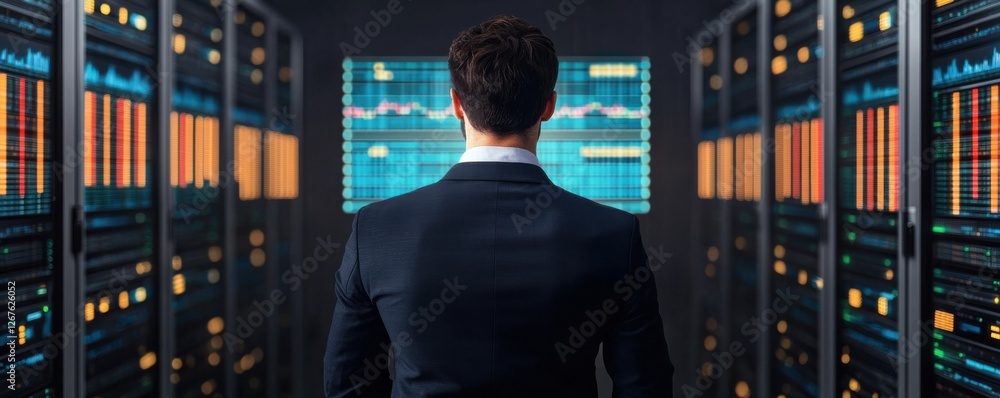Aufkleber a business professional observes data analytics on screens inside a modern server room, emphasizing 