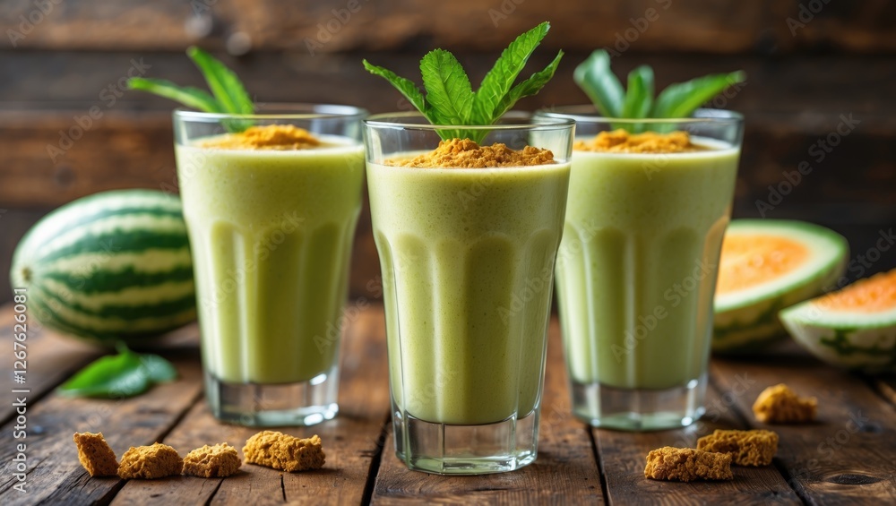Poster refreshing melon smoothies with mint garnish on rustic wooden table
