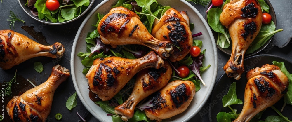 Poster grilled chicken legs on fresh salad with cherry tomatoes and space for text in a dark culinary setti