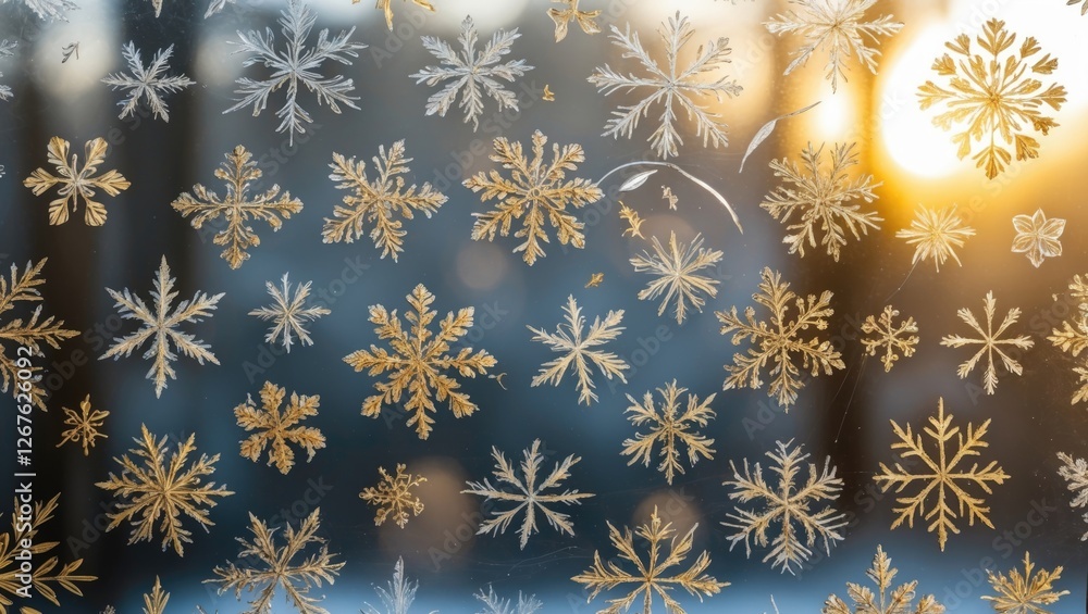 Aufkleber golden frost patterns on glass with a soft background and sun flare, creating an elegant winter scen