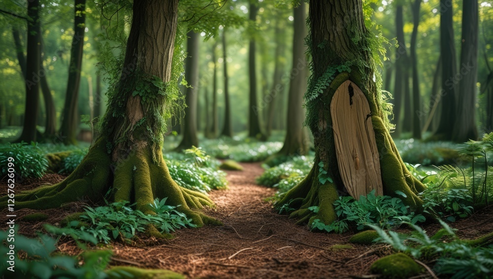 Aufkleber mystical green forest with ancient trees moss-covered roots and a hidden door, inviting viewers to e