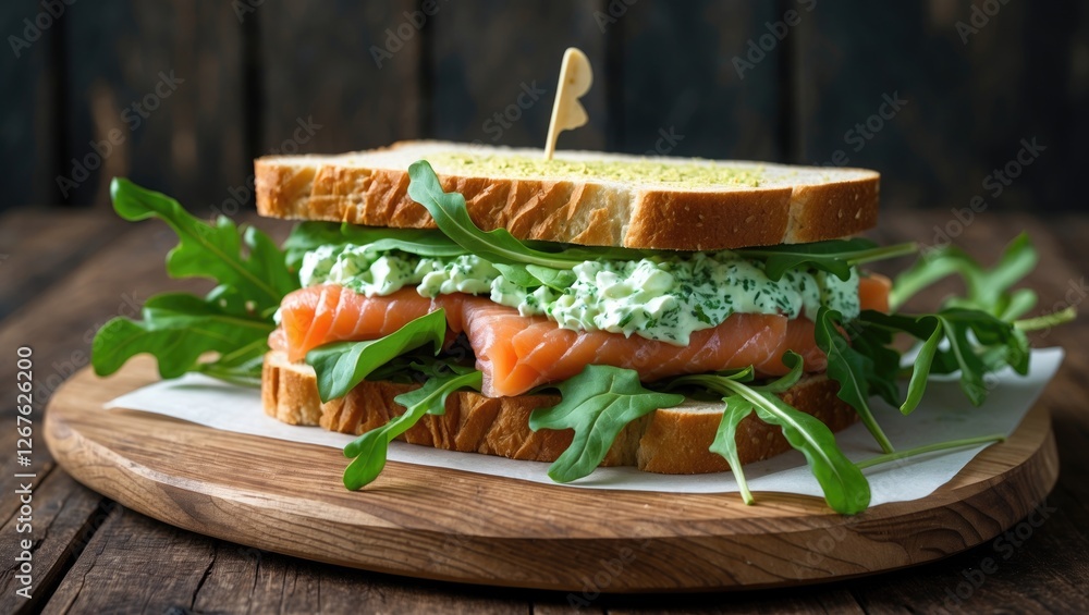 Poster salmon and arugula sandwich with green cream cheese on a rustic wooden board featuring empty space f