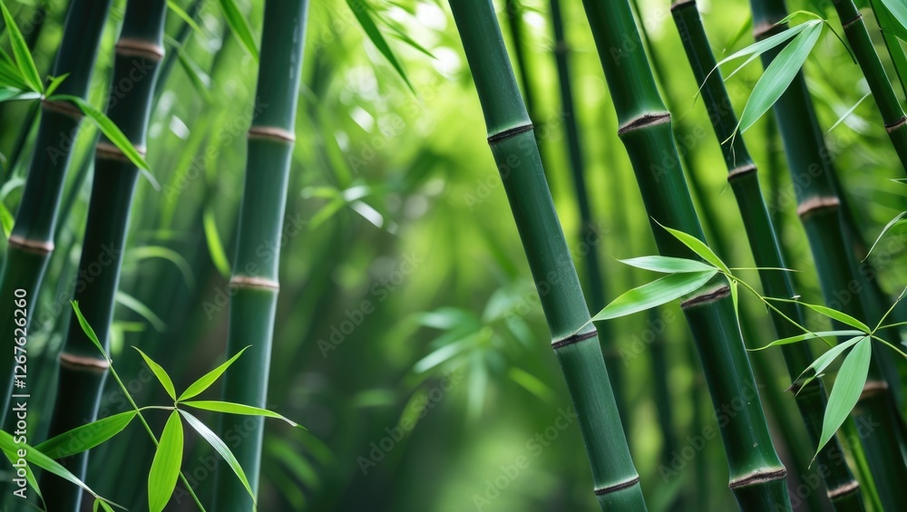 Poster lush green bamboo forest with slender stalks and vibrant leaves creating a serene natural background