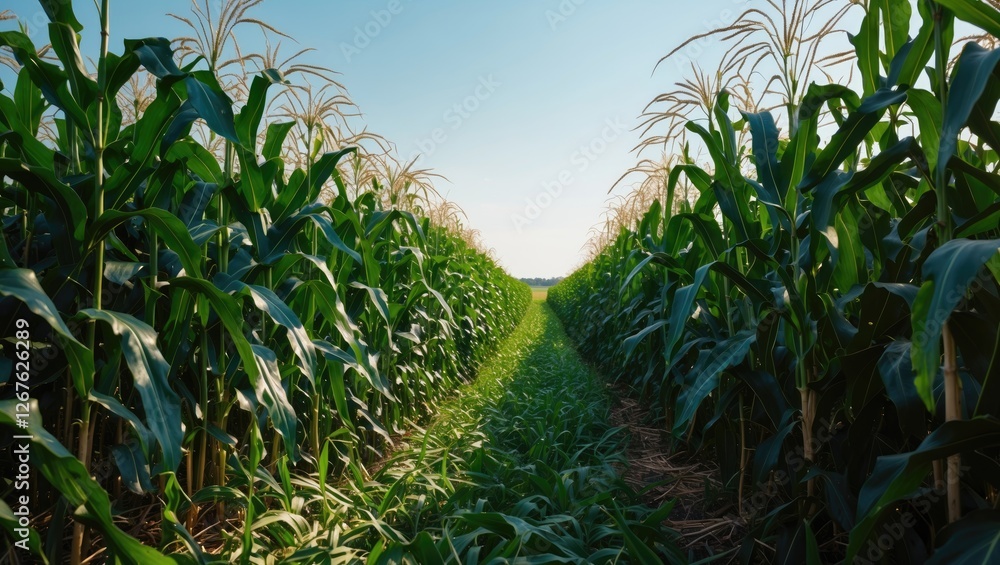 Aufkleber Lush Green Cornfield in Summer with Clear Blue Sky and Spacious Path for Text Placement or Design Enhancements
