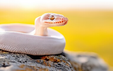 Fototapeta premium White snake coiled on a rock in natural habitat under bright sunlight
