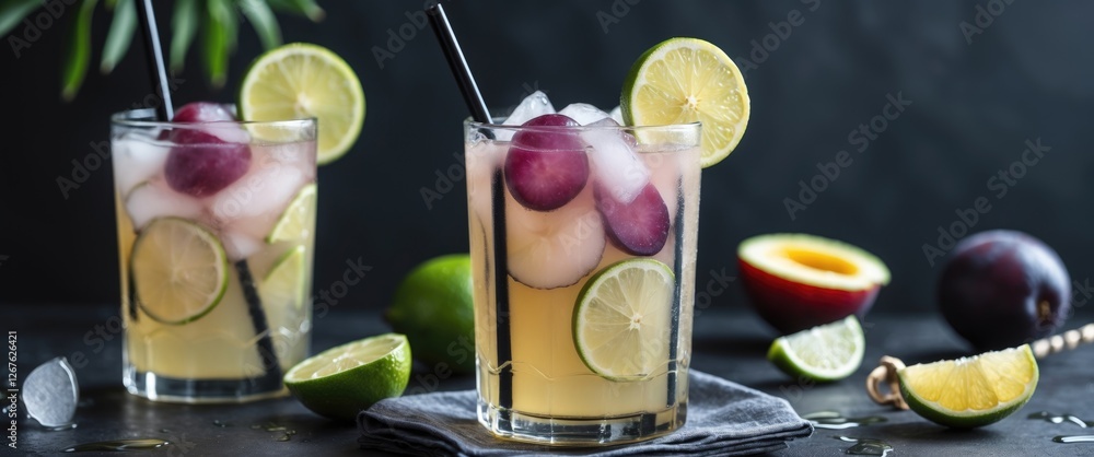 Poster refreshing iced lemonade with honey and plum garnished with lime slices in tall glasses on dark back