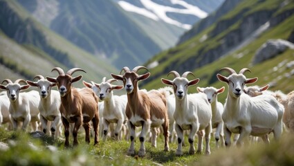 Obraz premium Mountain Goats Grazing in Lush Green Landscape with Stunning Alpine Backdrop