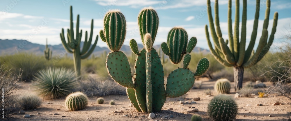 Poster desert landscape with various cacti depicting nature's resilience and beauty with space for text and