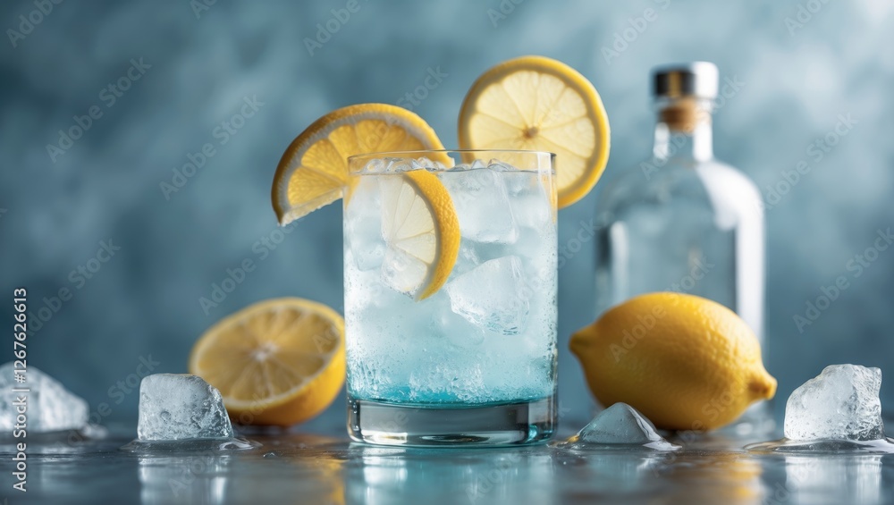 Aufkleber refreshing gin tonic cocktail with ice and lemon slices against a soft blue background ideal for bev