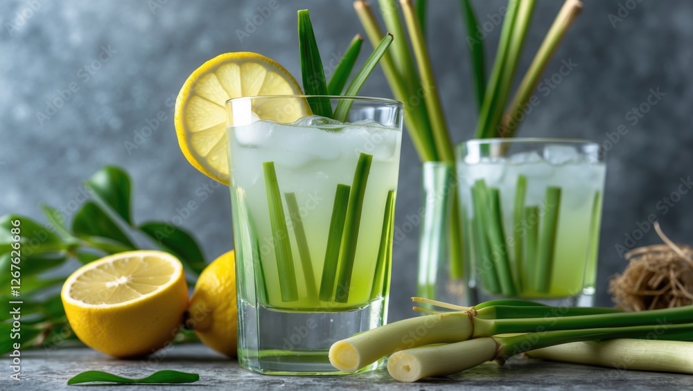 Aufkleber refreshing lemongrass drink with lemon garnish on a stylish table setting featuring raw lemongrass a