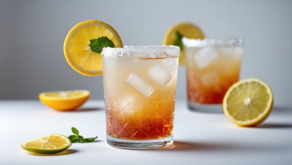 Fototapeta premium Refreshing Cocktail Glass with Ice and Citrus Garnish on Light Background