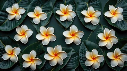 Fototapeta premium Frangipani Flowers and Dark Green Leaves Arrangement with Copy Space for Text and Design Elements in Natural Background.