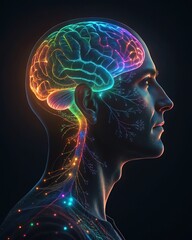 Illustration of a human brain with colorful neural connections, side profile view.