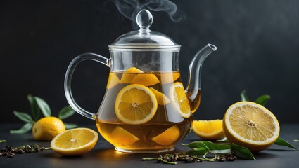 Aromatic Glass Teapot Displaying Hot Citrus Tea with Fresh Lemon Slices on Dark Background for Healthy Beverage Concept