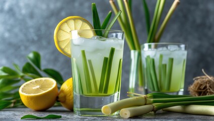 Refreshing Lemongrass Drink with Lemon Garnish on a Stylish Table Setting Featuring Raw Lemongrass and Lemon for a Refreshing Beverage.