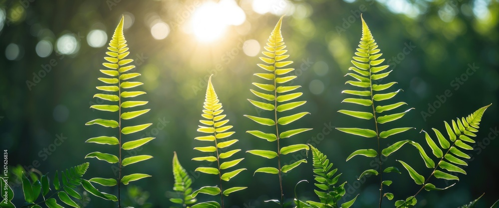 Aufkleber radiant green fern leaves illuminated by sunlight with blurred natural background and space for text