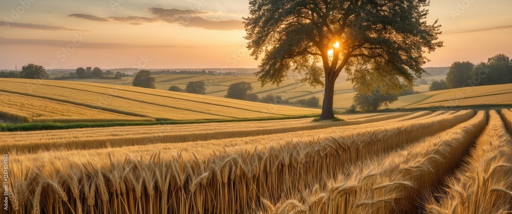 Poster golden wheat field at sunset with majestic tree in rural countryside landscape and clear space for t