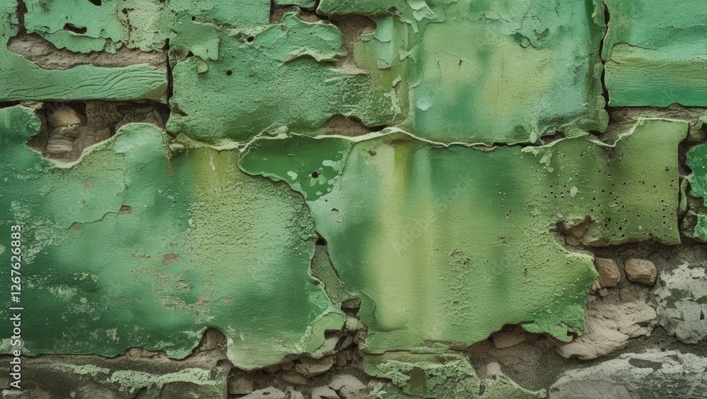 Poster vintage green wall texture with peeling paint and cracked surface for rustic and weathered aesthetic