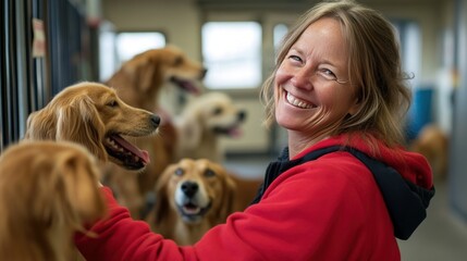 Woman volunteers at animal shelter surrounded by wagging tails