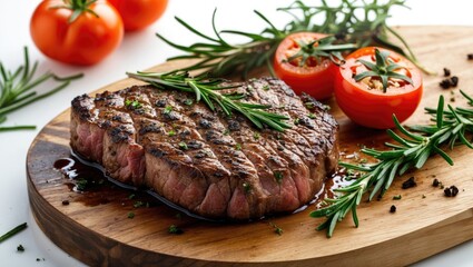 Grilled Beef Steak Served on a Wooden Board with Fresh Tomatoes and Rosemary Garnish on a Bright White Background