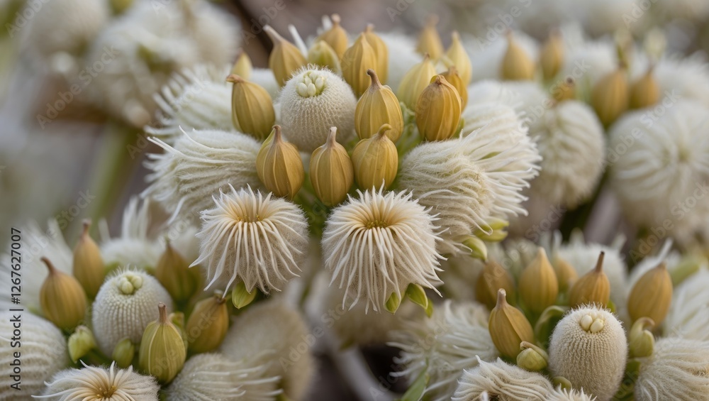 Poster Close-Up of Giant Umbrella Inflorescence with Unripe Seeds Surrounded by Empty Space for Text or Design Element