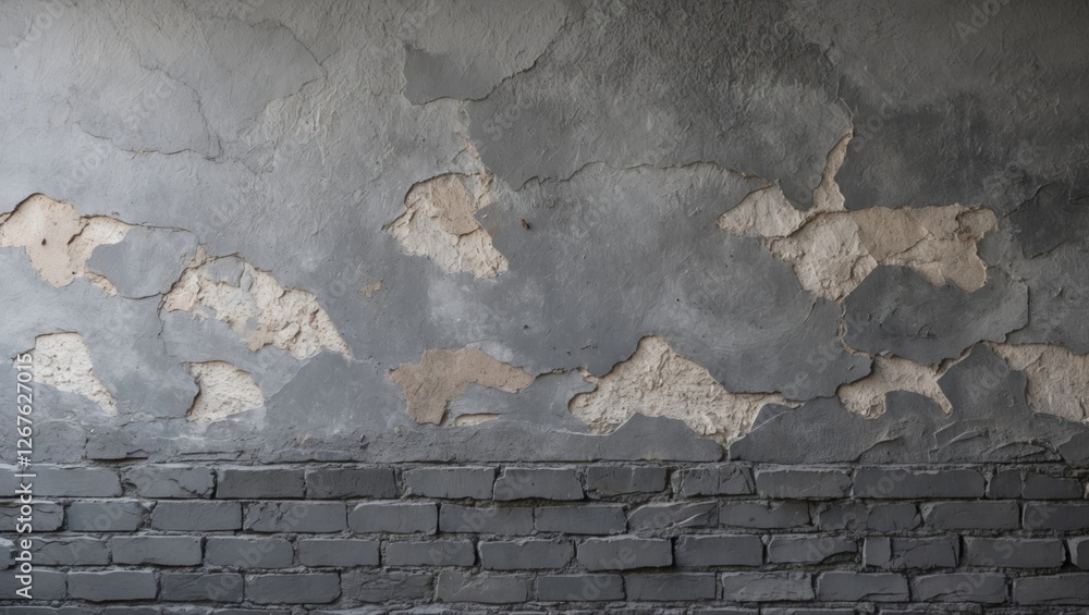 Poster textured grey wall with peeling paint and exposed brick, providing an artistic backdrop for design a