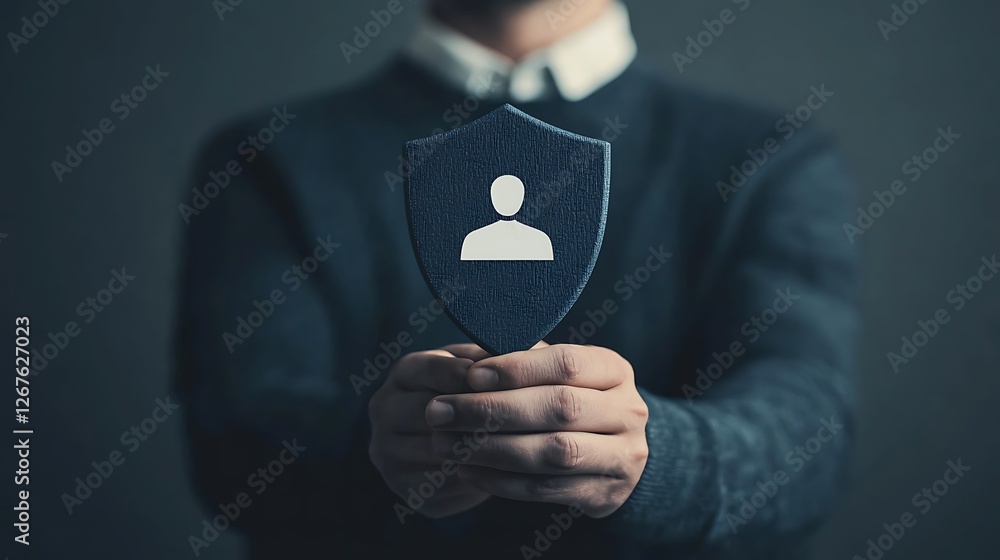 Poster a person holds a shield with a user icon, symbolizing cybersecurity and personal data protection in 