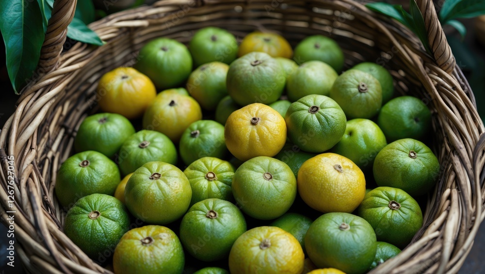 Aufkleber Fresh Green and Yellow Tangerines in Woven Basket with Natural Background and Empty Space for Text or Design Elements