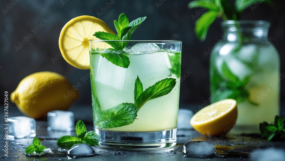 Poster Freshly Made Lemonade with Mint Leaves and Ice Cubes Served in a Glass with Lemon Slice and Copy Space for Text in Dark Background