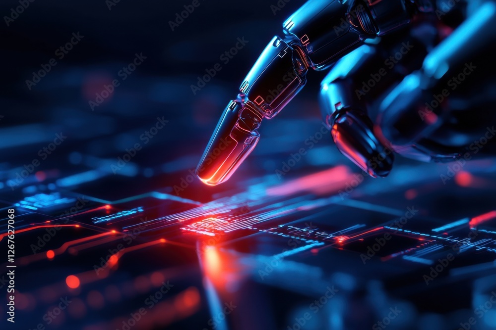 Poster a robotic hand interacts with a glowing, high-tech interface, showcasing the fusion of technology an