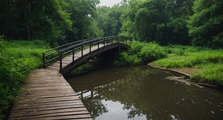Fototapeta premium Lush green park scene featuring a rustic footbridge over a calm natural pond, evoking tranquility and a connection to nature.