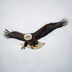 Fototapeta premium A bald eagle soaring with its wings wide open, powerful gaze, clear white background.