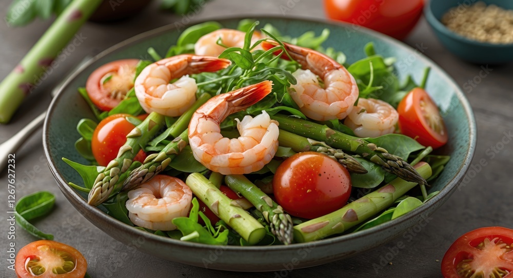 Poster gourmet prawn salad with asparagus and tomatoes on plate with fresh greens and empty space for text 